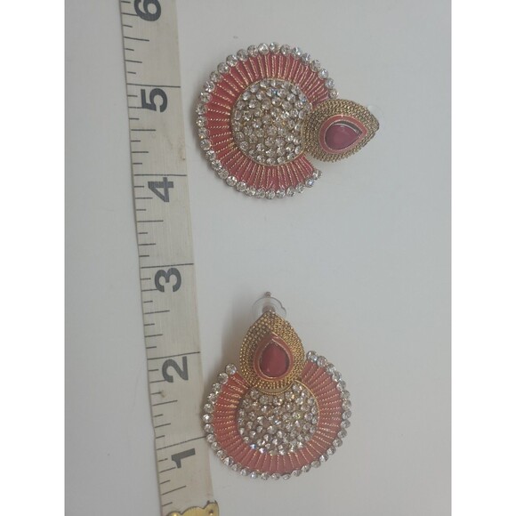 Large statement Earrings Round Enamal Rhinestones Dangle Belly Dance Pierced - Picture 8 of 8